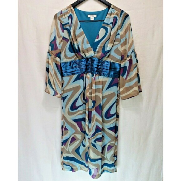 Cato Dresses & Skirts - CATO Dress Sz 8 Blue Purple Geometric Psychedelic Retro Empire Waist Bell Sleeve